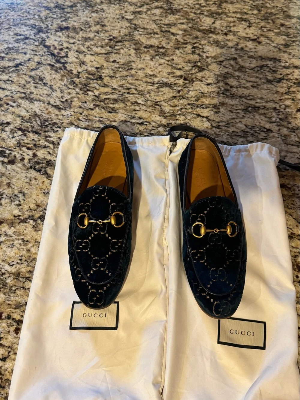 Gucci Men's dark blue Velvet Horsebit Loafers with GG Embossing